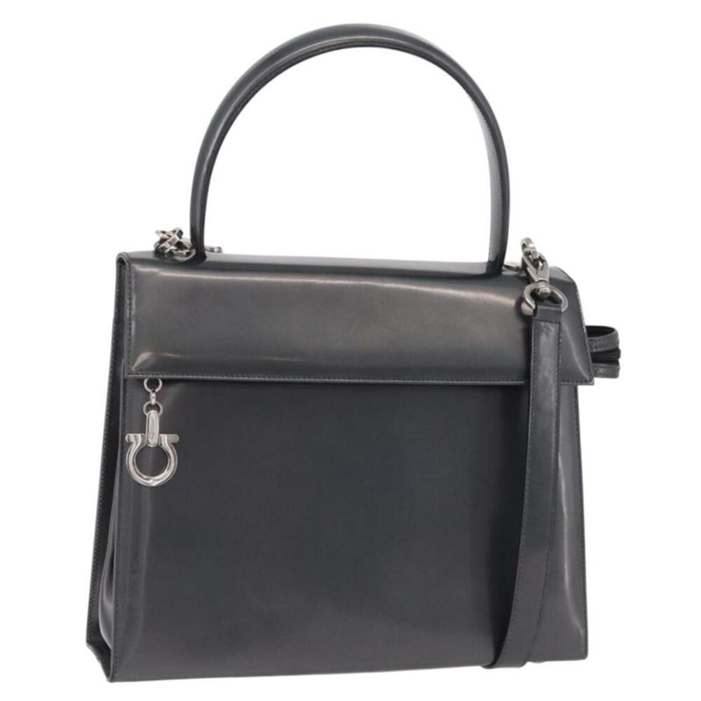 Salvatore Ferragamo Gancini Leather Gray Patent_Leather Handbag